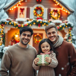 A warm Christmas scene depicting two young men in their 30s, one with dark hair and the other with light brown hair, joyfully standing in front of a lovely house adorned for the holiday season