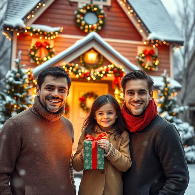 A warm Christmas scene depicting two young men in their 30s, one with dark hair and the other with light brown hair, joyfully standing in front of a lovely house adorned for the holiday season