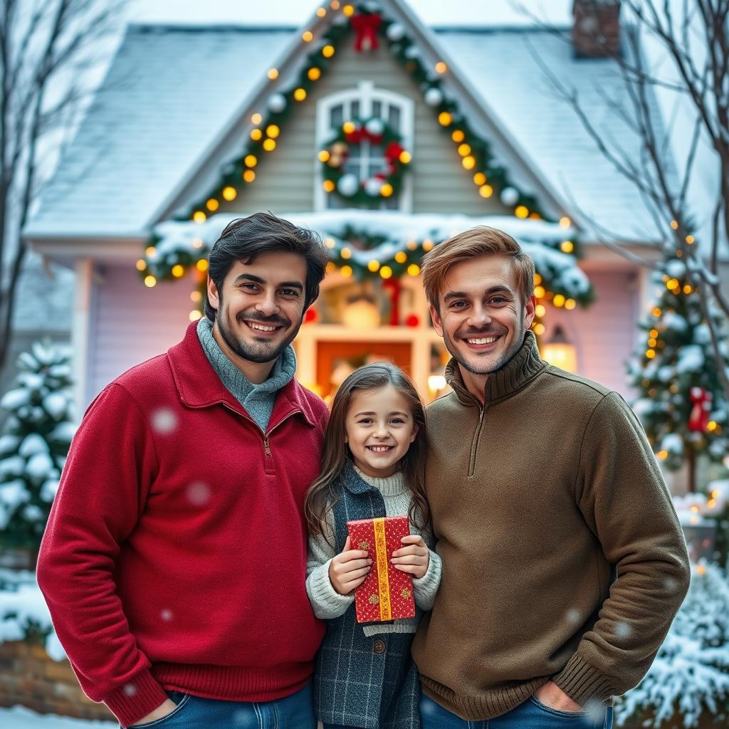 A warm Christmas scene depicting two young men in their 30s, one with dark hair and the other with light brown hair, joyfully standing in front of a lovely house adorned for the holiday season