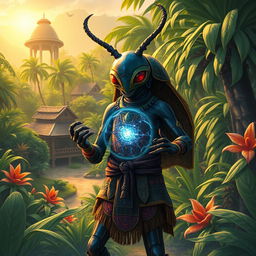 In a stunning avatar-like fantasy world, the scene unfolds in a vibrant jungle, with the backdrop of a small village partially hidden among lush greenery and exotic flora