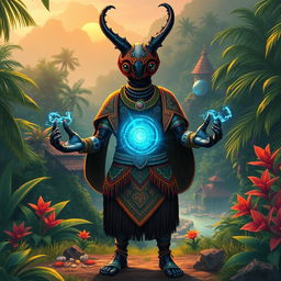 In a stunning avatar-like fantasy world, the scene unfolds in a vibrant jungle, with the backdrop of a small village partially hidden among lush greenery and exotic flora
