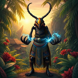 In a stunning avatar-like fantasy world, the scene unfolds in a vibrant jungle, with the backdrop of a small village partially hidden among lush greenery and exotic flora
