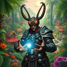 In a stunning avatar-like fantasy world, the scene captures a vibrant small village nestled within a lush jungle, brimming with exotic plants and colorful wildlife