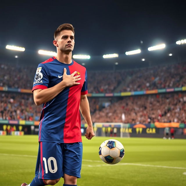 A determined soccer player walking towards the penalty spot in a packed stadium at night, confidently holding the ball in one hand while striking his chest with the other as a gesture of responsibility and confidence