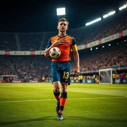 A determined soccer player walking towards the penalty spot in a packed stadium at night, confidently holding the ball in one hand while striking his chest with the other as a gesture of responsibility and confidence