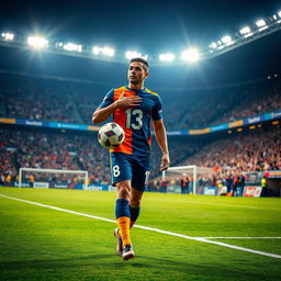 A determined soccer player walking towards the penalty spot in a packed stadium at night, confidently holding the ball in one hand while striking his chest with the other as a gesture of responsibility and confidence