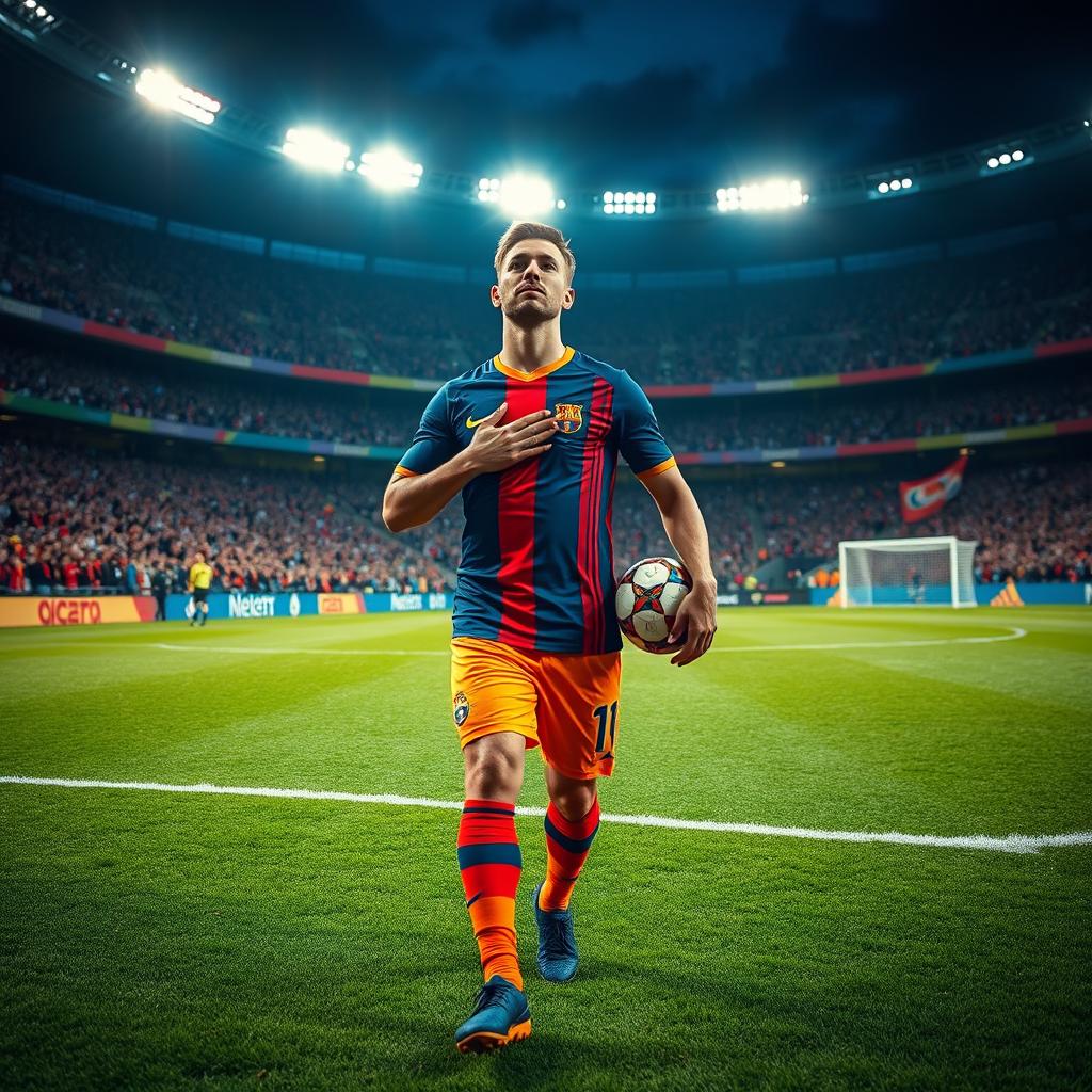 A determined soccer player walking towards the penalty spot in a packed stadium at night, confidently holding the ball in one hand while striking his chest with the other as a gesture of responsibility and confidence