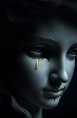 A close-up of a broken female statue’s face, crafted from marble or stone