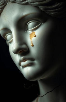 A close-up of a broken female statue’s face, crafted from marble or stone