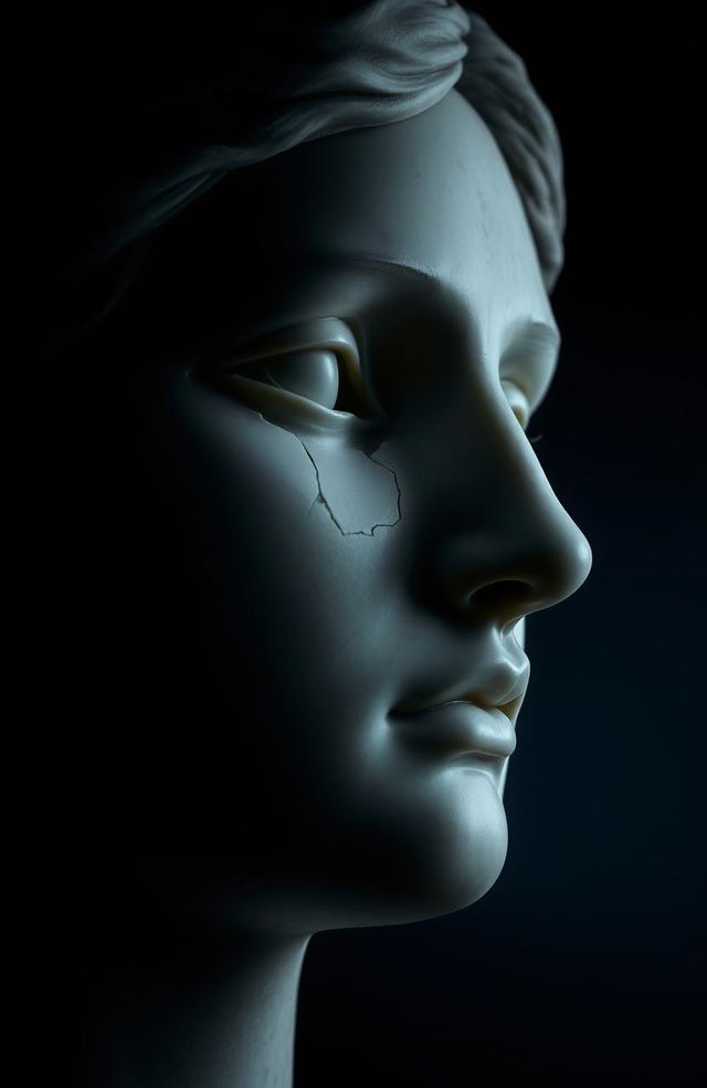 A close-up of a broken female statue’s face, crafted from marble or stone