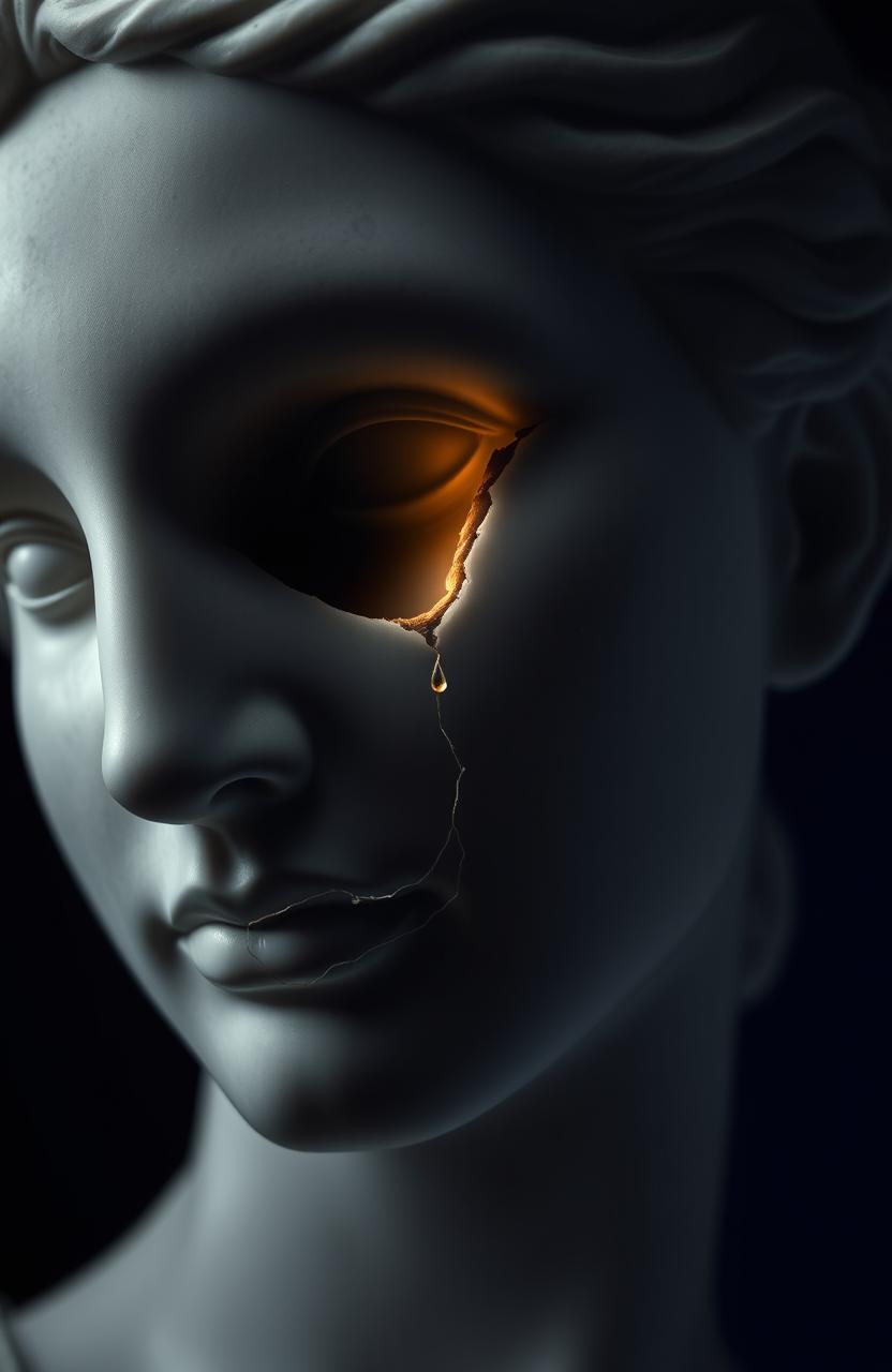 A close-up of a broken female statue’s face, crafted from marble or stone