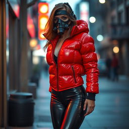 A hot slim girl with big boobs, clad in a shiny red tight puffer jacket that reflects light prominently
