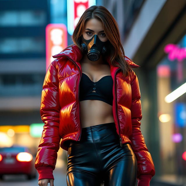 A hot slim girl with big boobs, clad in a shiny red tight puffer jacket that reflects light prominently