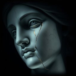 A close-up of a broken female statue’s face, carved from marble or stone