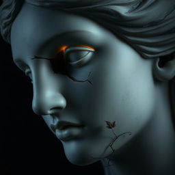 A close-up of a broken female statue’s face, carved from marble or stone
