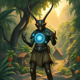 In a captivating avatar-like fantasy world, the scene is set against the backdrop of a small village nestled within a dense and vibrant jungle, filled with lush foliage and exotic wildlife