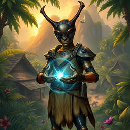 In a captivating avatar-like fantasy world, the scene is set against the backdrop of a small village nestled within a dense and vibrant jungle, filled with lush foliage and exotic wildlife
