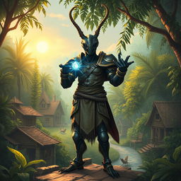 In a captivating avatar-like fantasy world, the scene is set against the backdrop of a small village nestled within a dense and vibrant jungle, filled with lush foliage and exotic wildlife