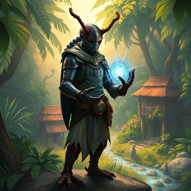 In a captivating avatar-like fantasy world, the scene is set against the backdrop of a small village nestled within a dense and vibrant jungle, filled with lush foliage and exotic wildlife