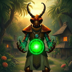 In a captivating avatar-like fantasy world, the scene unfolds against the backdrop of a quaint small village nestled within a dense jungle teeming with vibrant flora and fauna