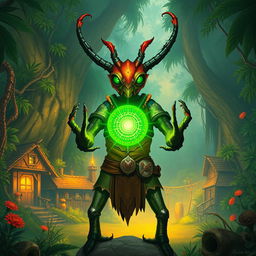 In a captivating avatar-like fantasy world, the scene unfolds against the backdrop of a quaint small village nestled within a dense jungle teeming with vibrant flora and fauna