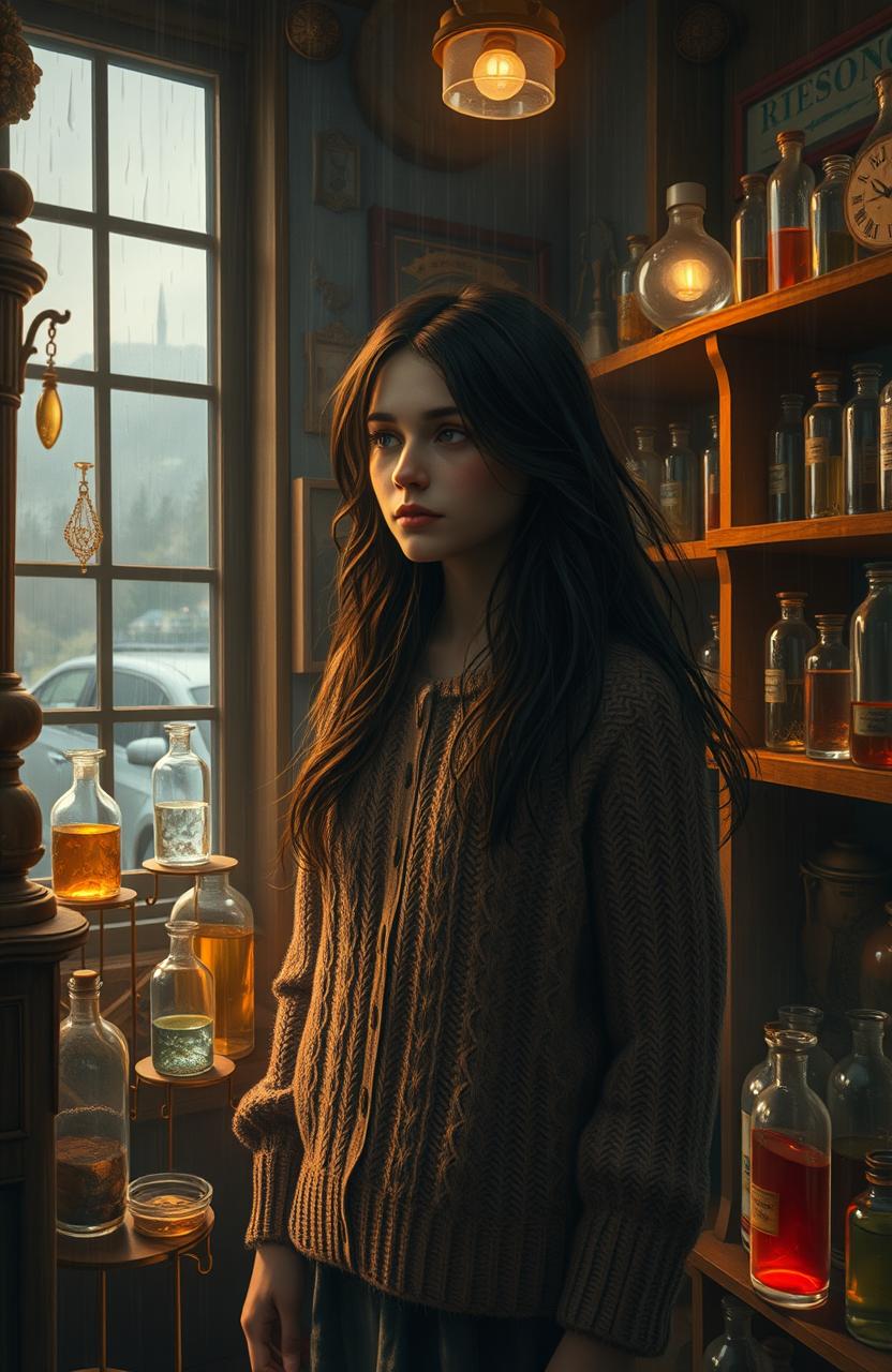 An atmospheric scene depicting the interior of an antique shop named Resonance, situated in a small, rainy city surrounded by mountains