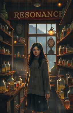 An atmospheric scene depicting the interior of an antique shop named Resonance, situated in a small, rainy city surrounded by mountains