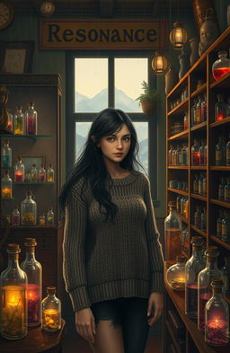 An atmospheric scene depicting the interior of an antique shop named Resonance, situated in a small, rainy city surrounded by mountains