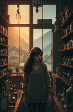 An atmospheric scene depicting the interior of an antique shop named Resonance, situated in a small, rainy city surrounded by mountains