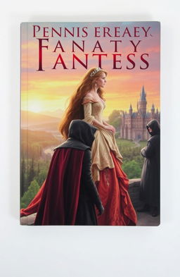 A captivating fantasy book cover featuring a regal princess in an elaborate gown, standing on a balcony overlooking a medieval kingdom