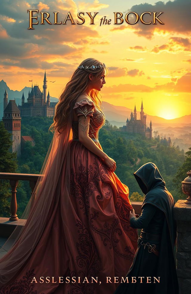 A captivating fantasy book cover featuring a regal princess in an elaborate gown, standing on a balcony overlooking a medieval kingdom