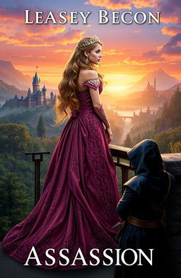 A captivating fantasy book cover featuring a regal princess in an elaborate gown, standing on a balcony overlooking a medieval kingdom