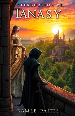 A captivating fantasy book cover featuring a regal princess in an elaborate gown, standing on a balcony overlooking a medieval kingdom