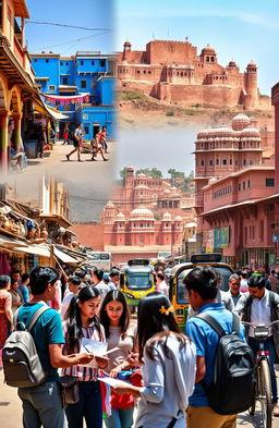 A vibrant street scene in Jodhpur, India, showcasing the bustling markets filled with colorful textiles, handmade crafts, and intricate pottery