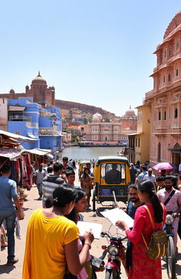 A vibrant street scene in Jodhpur, India, showcasing the bustling markets filled with colorful textiles, handmade crafts, and intricate pottery