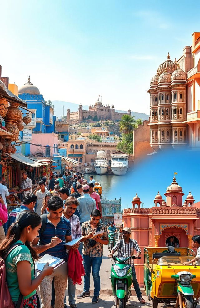 A vibrant street scene in Jodhpur, India, showcasing the bustling markets filled with colorful textiles, handmade crafts, and intricate pottery