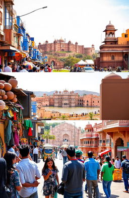A vibrant street scene in Jodhpur, India, showcasing the bustling markets filled with colorful textiles, handmade crafts, and intricate pottery