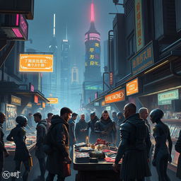 A group of futuristic traders in a vibrant marketplace, exchanging rare and exotic items