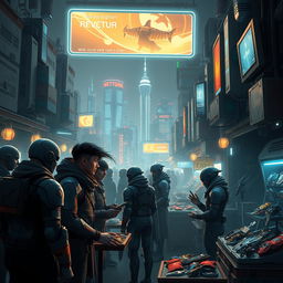 A group of futuristic traders in a vibrant marketplace, exchanging rare and exotic items