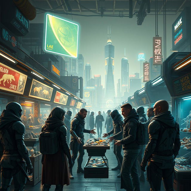A group of futuristic traders in a vibrant marketplace, exchanging rare and exotic items