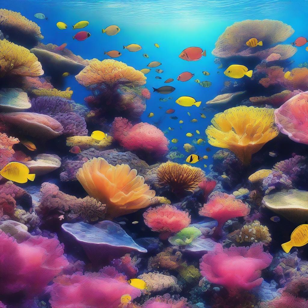 A stunning, high-resolution digital art piece depicting a thriving coral reef