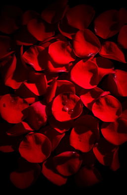 A stunning artistic composition featuring vibrant red rose petals scattered dramatically across the image, contrasted by a rich, dark background