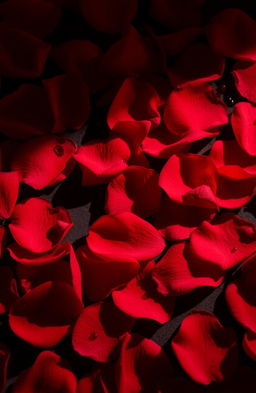 A stunning artistic composition featuring vibrant red rose petals scattered dramatically across the image, contrasted by a rich, dark background