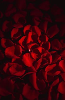 A stunning artistic composition featuring vibrant red rose petals scattered dramatically across the image, contrasted by a rich, dark background