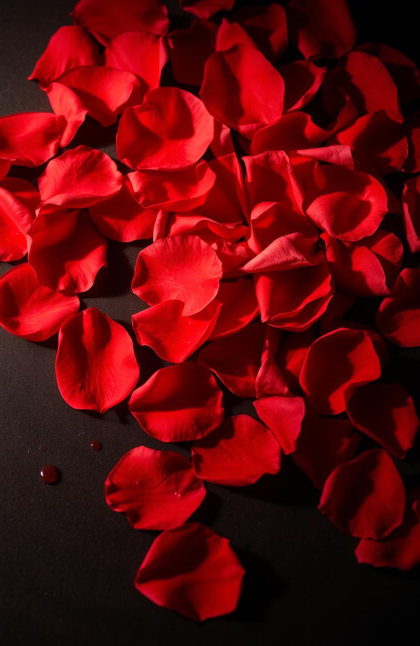 A stunning artistic composition featuring vibrant red rose petals scattered dramatically across the image, contrasted by a rich, dark background