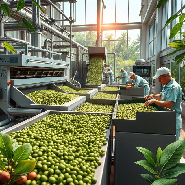 An engaging and detailed image illustrating the improvement of specialty green coffee industrialization