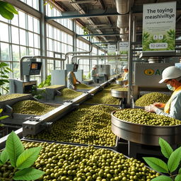 An engaging and detailed image illustrating the improvement of specialty green coffee industrialization