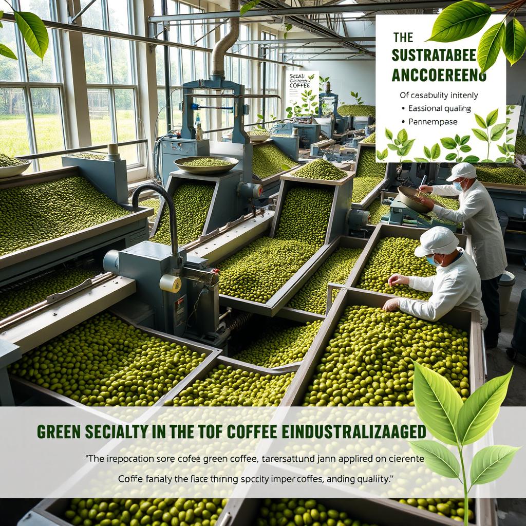 An engaging and detailed image illustrating the improvement of specialty green coffee industrialization