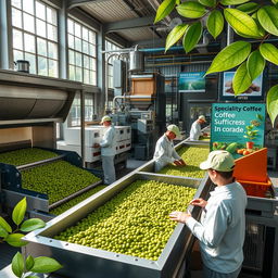 An engaging and detailed image illustrating the improvement of specialty green coffee industrialization