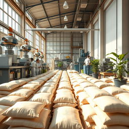 A detailed and vibrant image showcasing the industrialization process of specialty parchment coffee (café pergamino) after milling